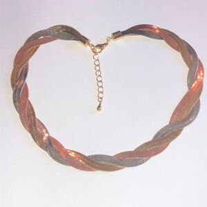 Vintage Gold Tone Silver Tone & Rose Gold Tone Braided Flat Herringbone Necklace